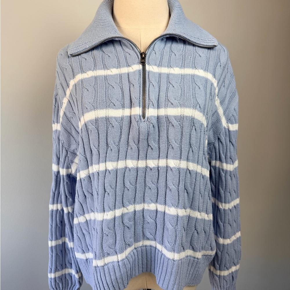 Hollister Light Blue and White Zip-Up Sweater
